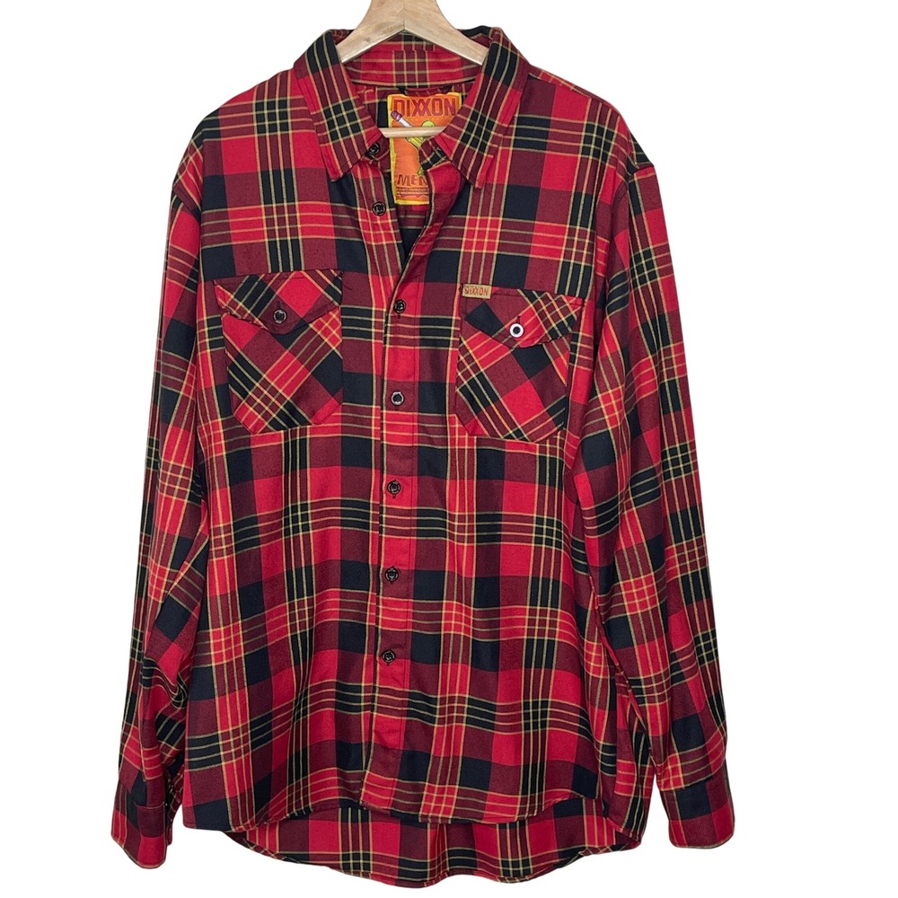 DIXXON Flannel Shirt Men's XL Red Black Yellow Plaid‎ Long Sleeve Button Up
